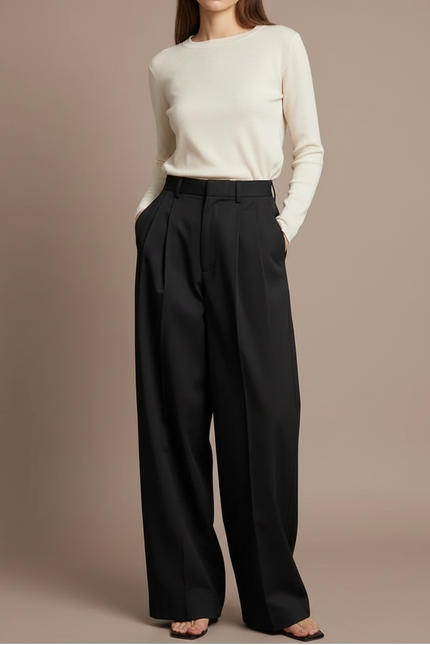 Pantalon Chino Noir Plissé Ample Fluide Femme - Polyester
