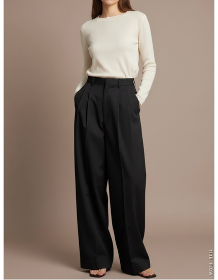 Pantalon Chino Noir Plissé Ample Fluide Femme - Polyester