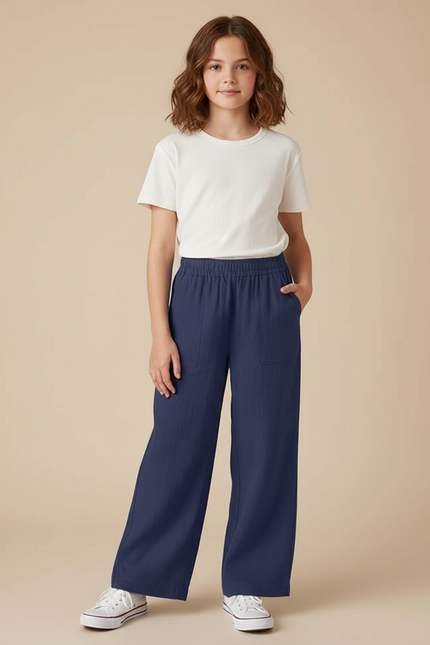 Pantalon Chino Bleu Marine Ample Décontracté Fille - Lin