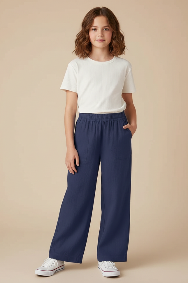 Pantalon Chino Bleu Marine Ample Décontracté Fille - Lin