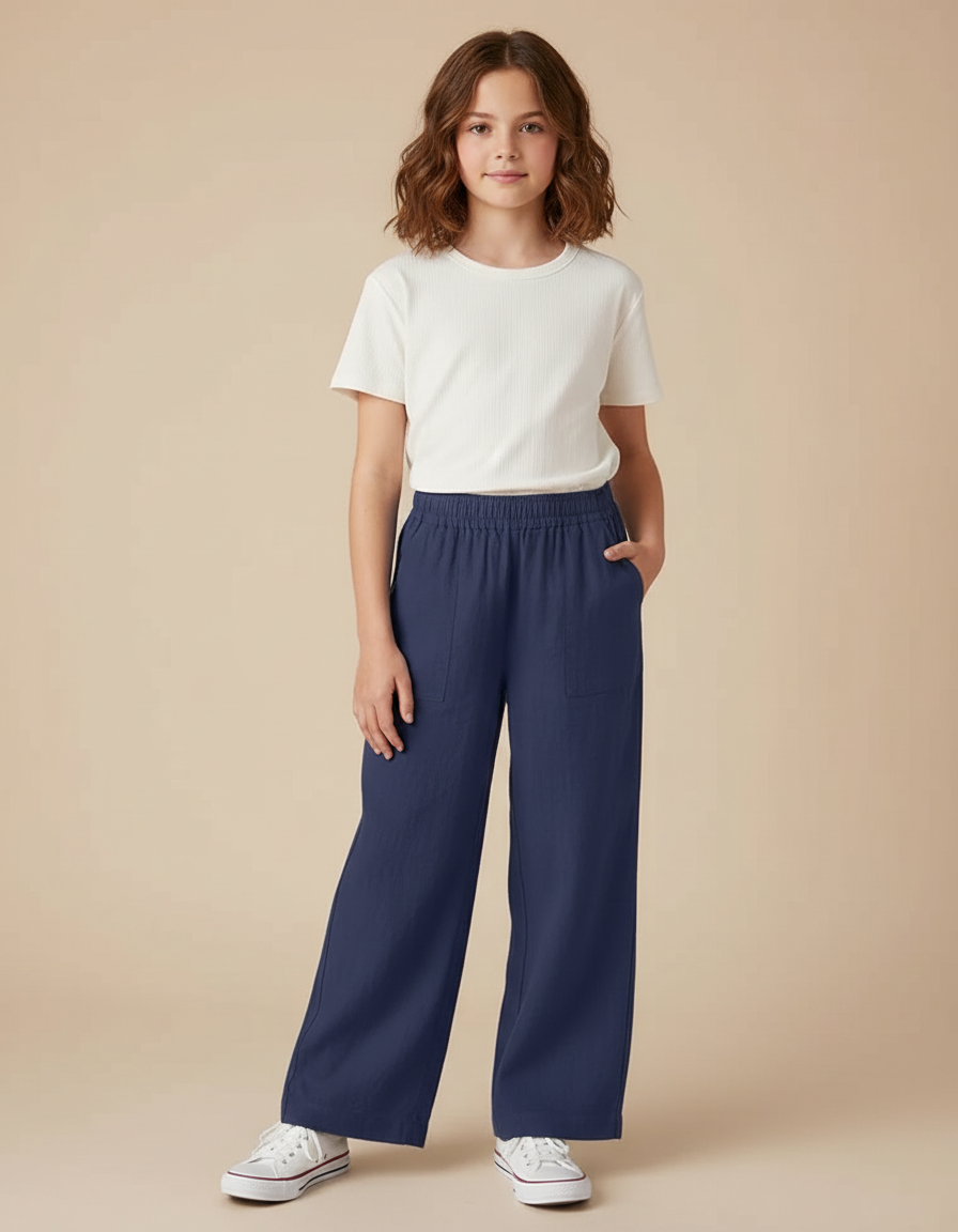 Pantalon Chino Bleu Marine Ample Décontracté Fille - Lin