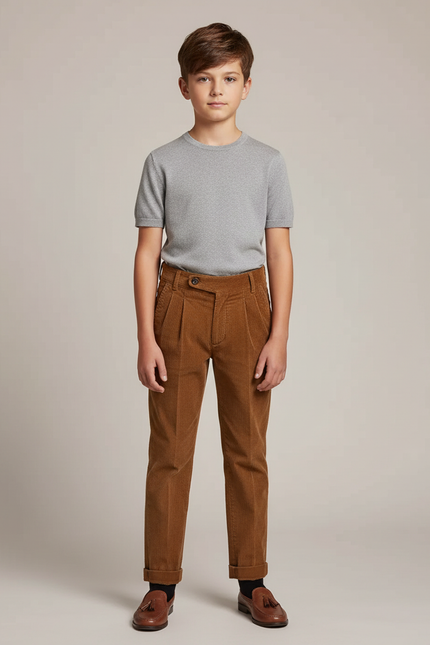 Pantalon Chino Marron Côtelé Plissé Enfant Décontracté - Cordé