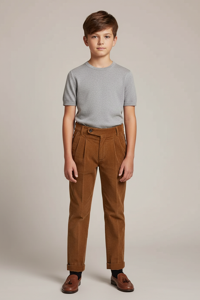 Pantalon Chino Marron Côtelé Plissé Enfant Décontracté - Cordé