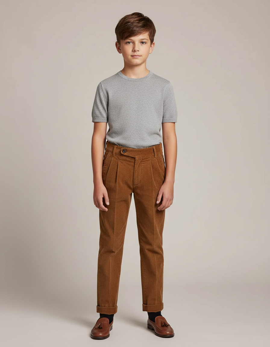Pantalon Chino Marron Côtelé Plissé Enfant Décontracté - Cordé