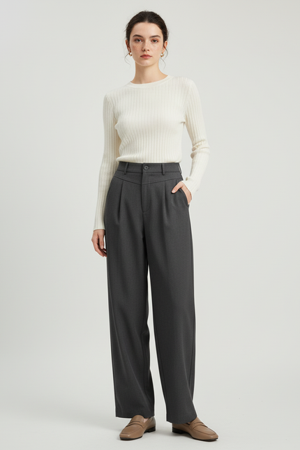 Pantalon Chino Gris Ample Plissé Décontracté Femme - Gabardine