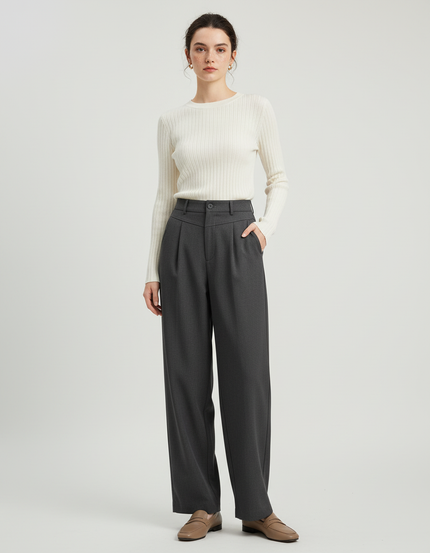Pantalon Chino Gris Ample Plissé Décontracté Femme - Gabardine