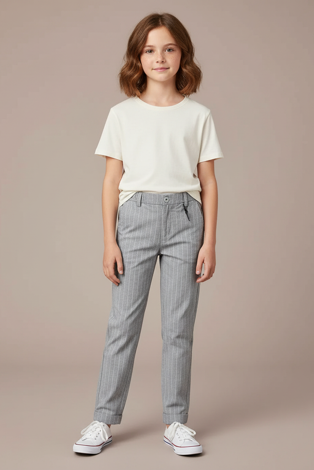 Pantalon Chino Gris Rayé Droit Décontracté Enfant - Gabardine