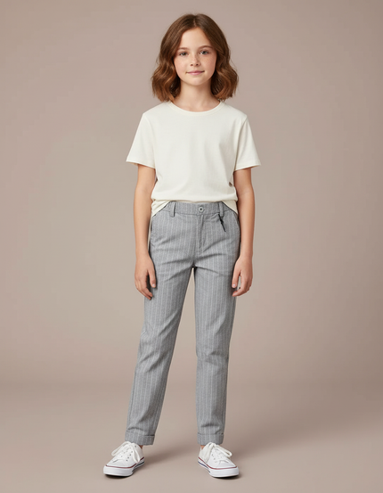 Pantalon Chino Gris Rayé Droit Décontracté Enfant - Gabardine