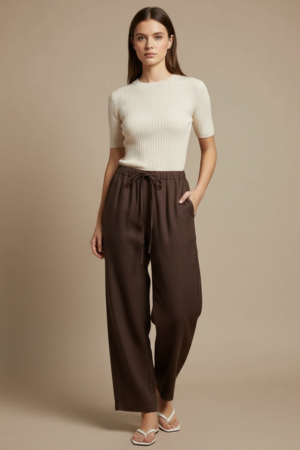 Pantalon Chino Marron Ample Fluide Décontracté Femme - Lin