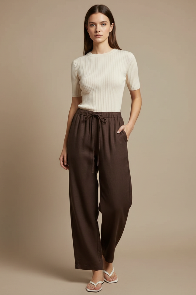 Pantalon Chino Marron Ample Fluide Décontracté Femme - Lin