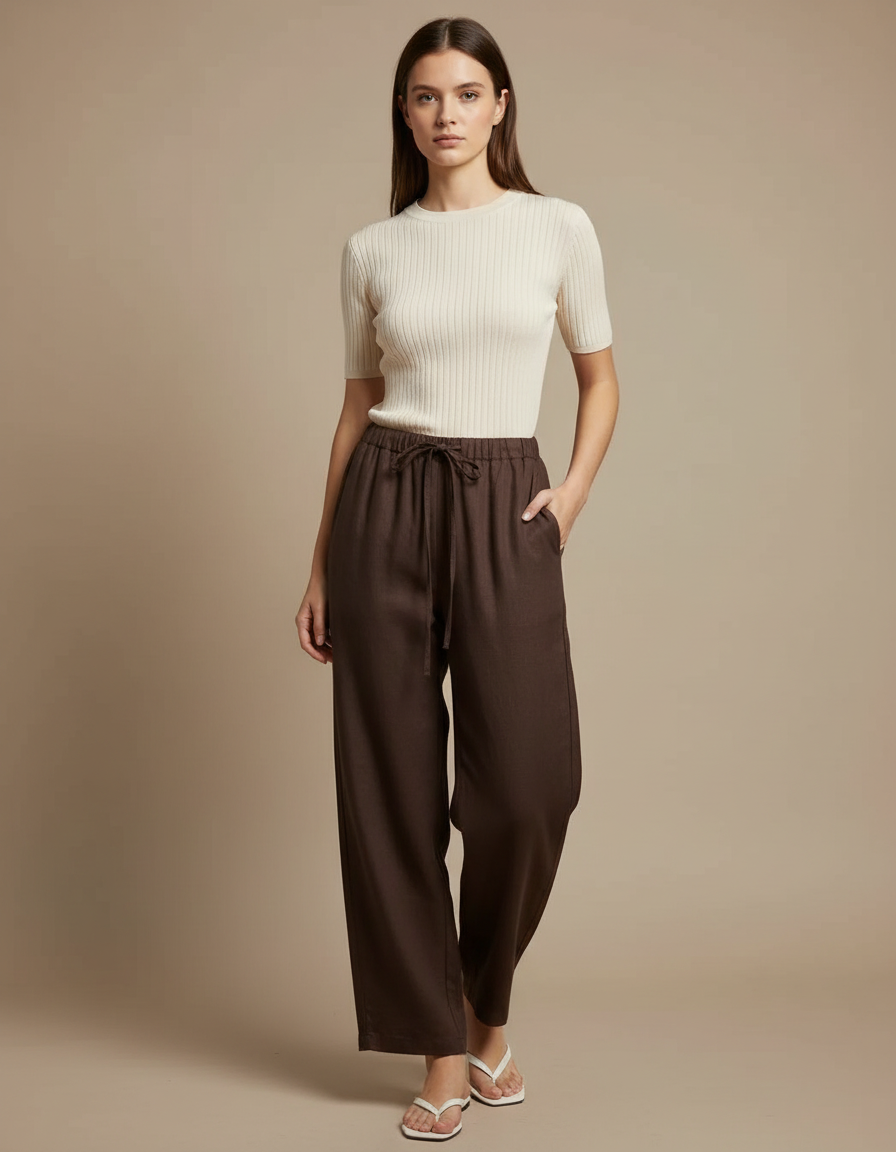 Pantalon Chino Marron Ample Fluide Décontracté Femme - Lin