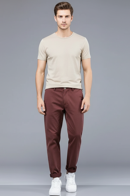 Pantalon Chino Bordeaux Coupe Droite Décontracté Homme - Coton
