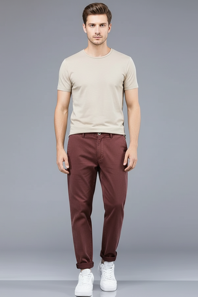 Pantalon Chino Bordeaux Coupe Droite Décontracté Homme - Coton