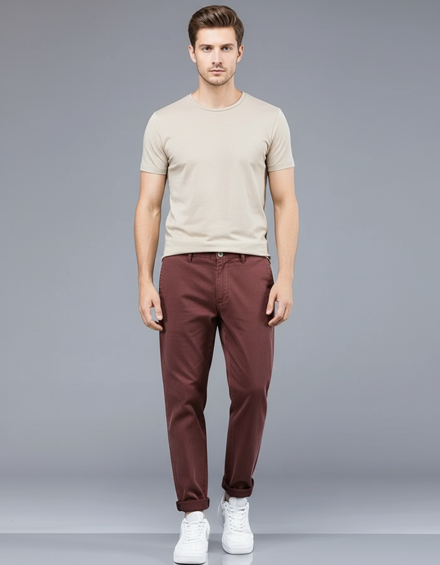Pantalon Chino Bordeaux Coupe Droite Décontracté Homme - Coton