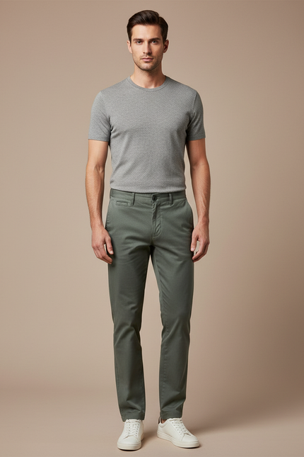 Pantalon Chino Vert Kaki Homme Coton Slim Élégant - Gabardine