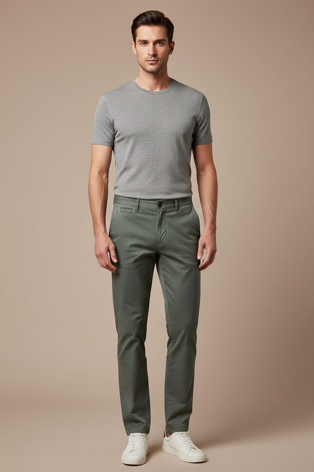 Pantalon Chino Vert Kaki Homme Coton Slim Élégant - Gabardine