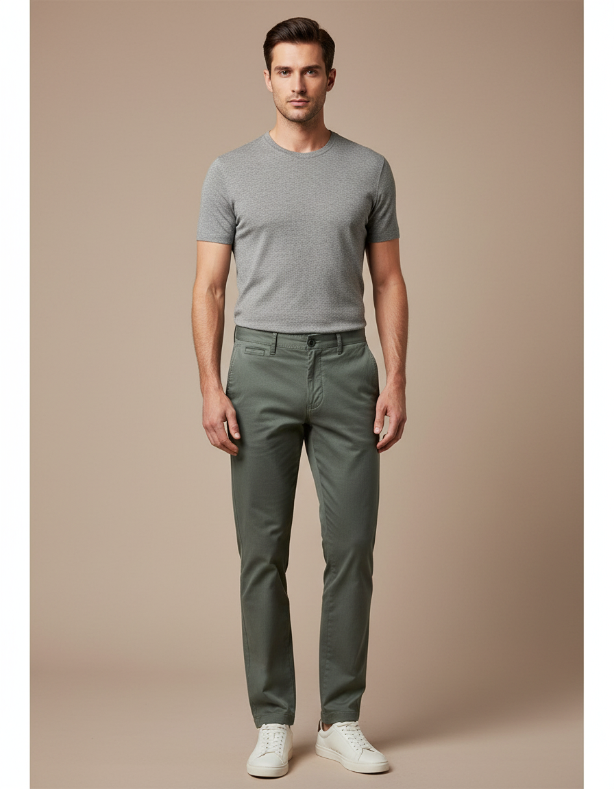 Pantalon Chino Vert Kaki Homme Coton Slim Élégant - Gabardine