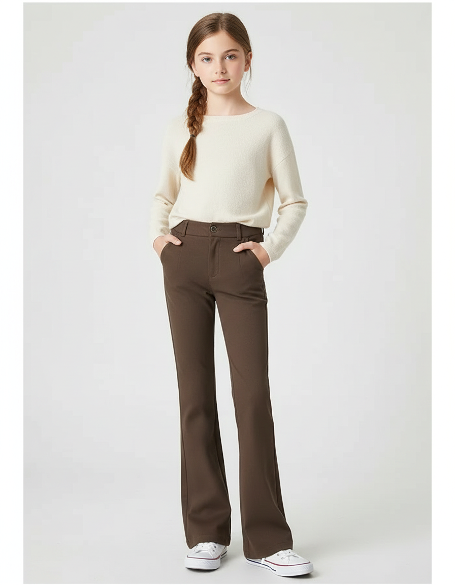 Pantalon Chino Marron Droit Fluide Élégant Enfant - Gabardine