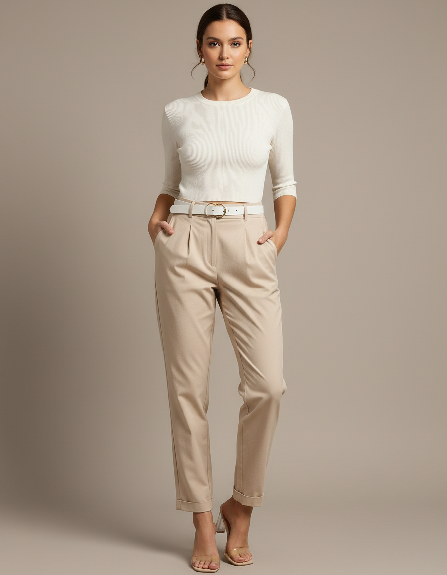 Pantalon Chino Beige Plissé Tapered Décontracté Femme - Gabardine