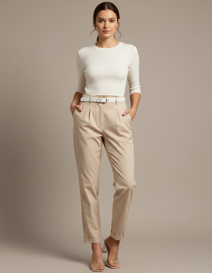 Pantalon Chino Beige Plissé Tapered Décontracté Femme - Gabardine