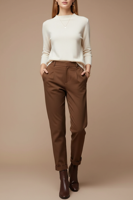 Pantalon Chino Marron Plissé Taille Haute Femme - Gabardine