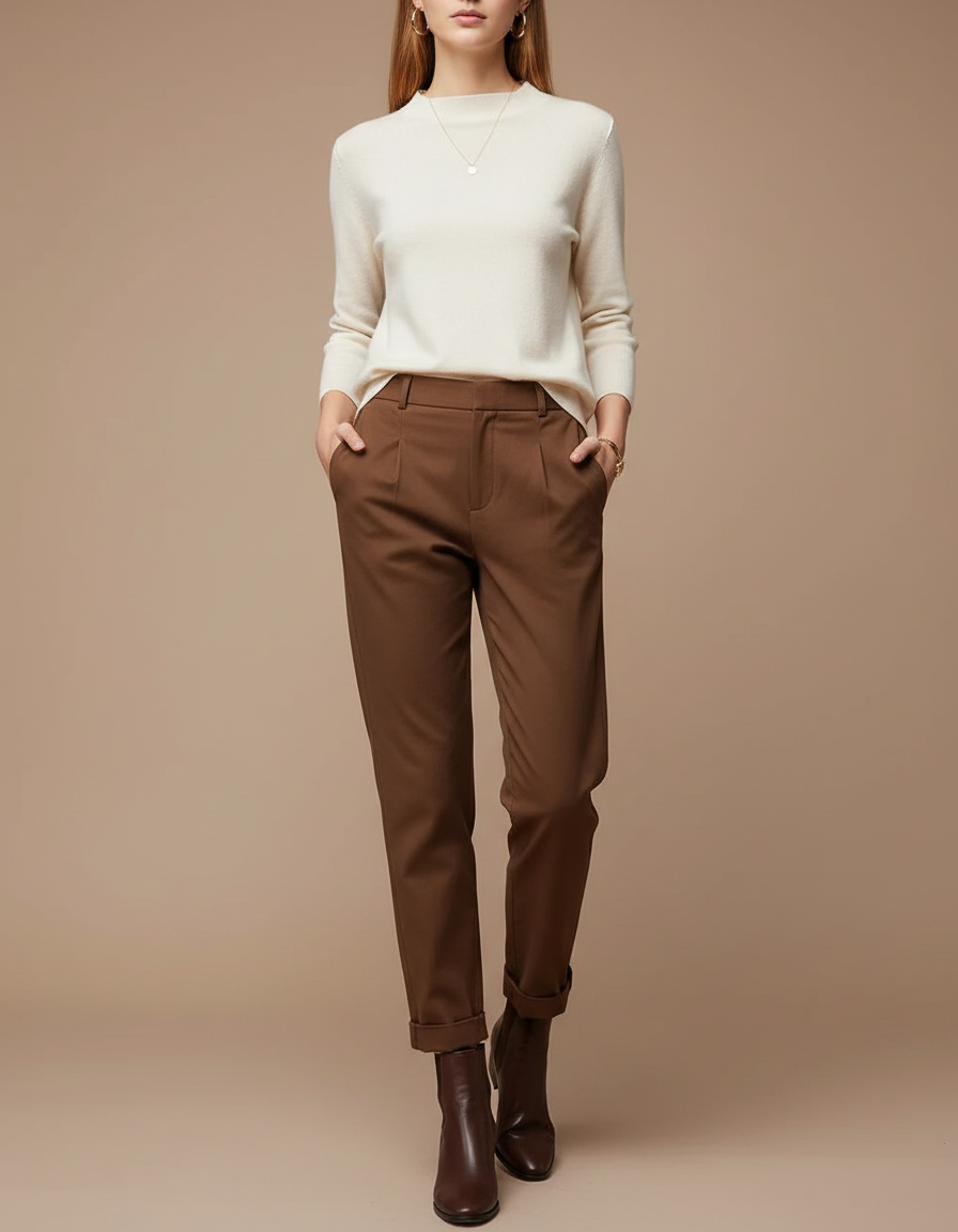 Pantalon Chino Marron Plissé Taille Haute Femme - Gabardine