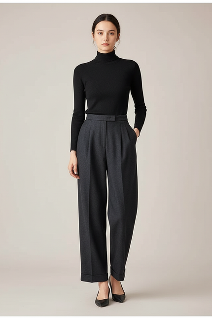 Pantalon Chino Gris Taille Haute Ample Élégant Femme - Gabardine