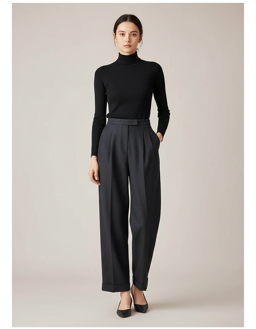 Pantalon Chino Gris Taille Haute Ample Élégant Femme - Gabardine