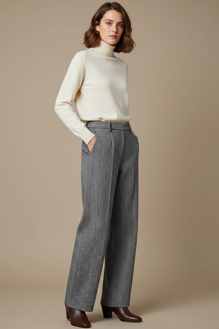 Pantalon Chino Gris Ample Motif Chevrons Femme - Tweed