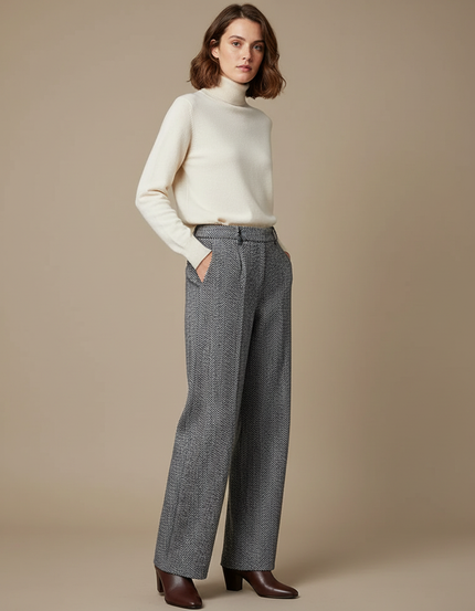 Pantalon Chino Gris Ample Motif Chevrons Femme - Tweed