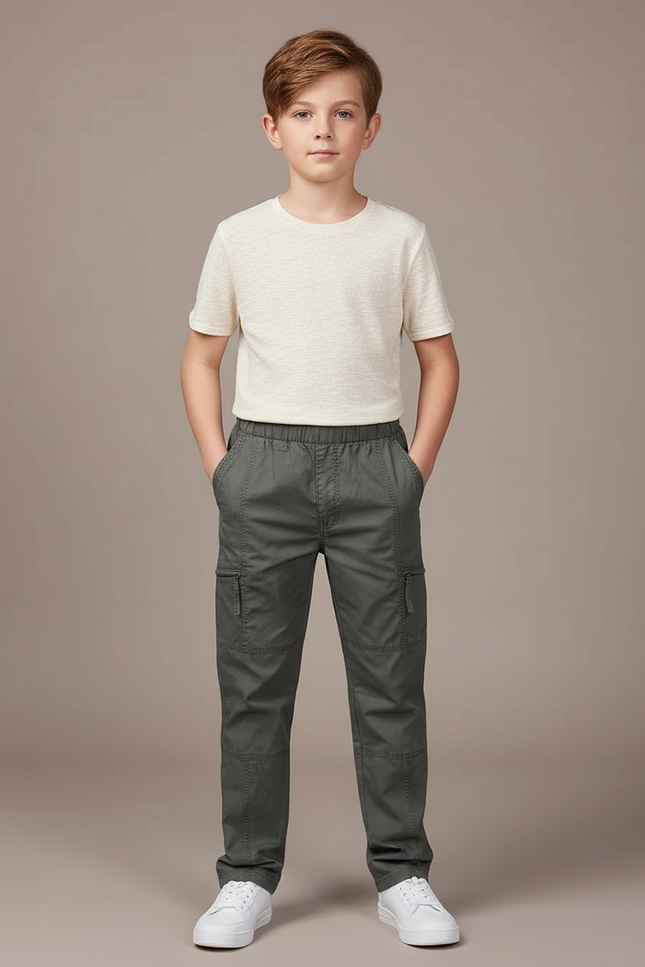 Pantalon Chino Gris Coton Cargo Garçon Décontracté - Kaki