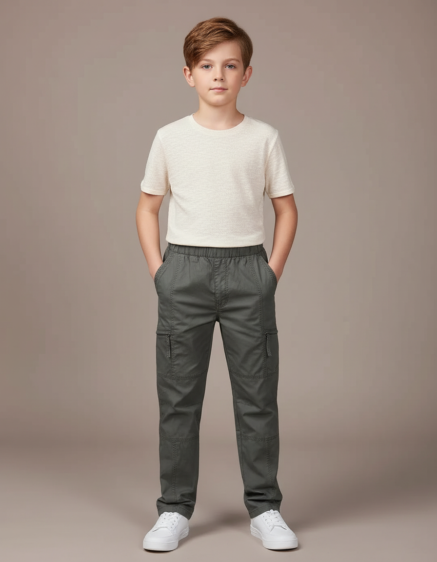 Pantalon Chino Gris Coton Cargo Garçon Décontracté - Kaki