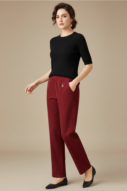 Pantalon Chino Rouge Brique Décontracté Droit Femme - Bordeaux Laine
