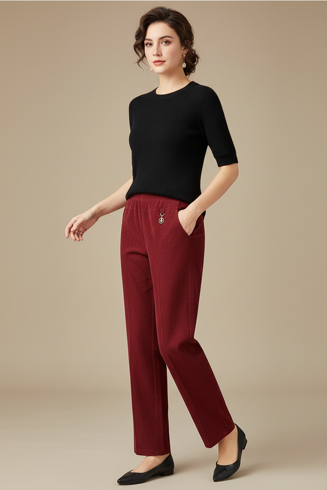 Pantalon Chino Rouge Brique Décontracté Droit Femme - Bordeaux Laine