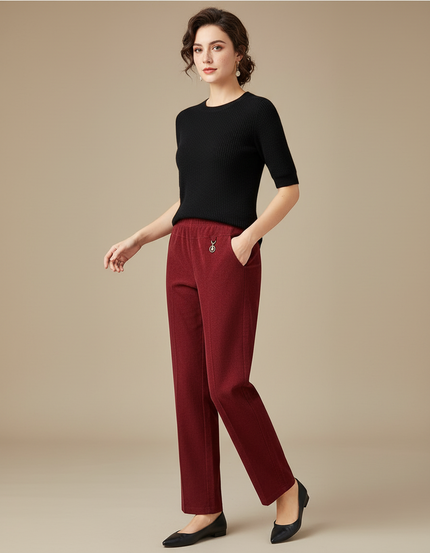 Pantalon Chino Rouge Brique Décontracté Droit Femme - Bordeaux Laine