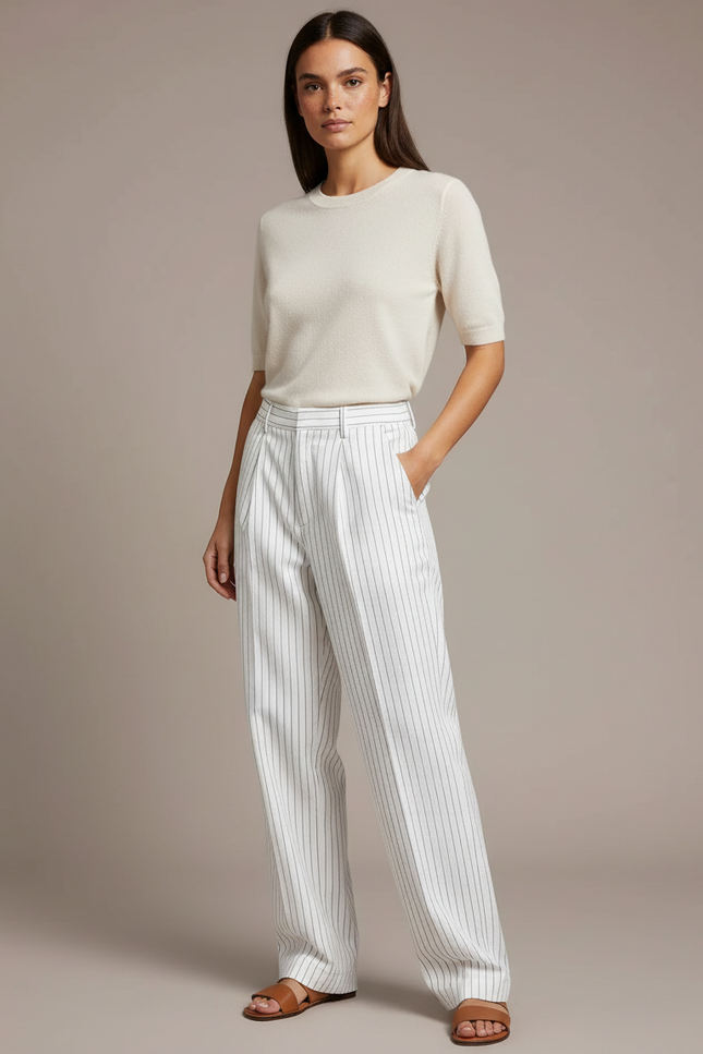 Pantalon Chino Blanc Rayé Taille Haute Fluide - Lin