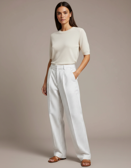 Pantalon Chino Blanc Rayé Taille Haute Fluide - Lin