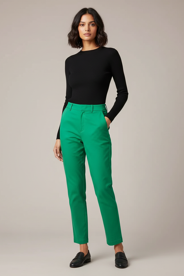 Pantalon Chino Vert Droit Taille Haute Élégant Femme - Gabardine
