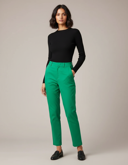 Pantalon Chino Vert Droit Taille Haute Élégant Femme - Gabardine