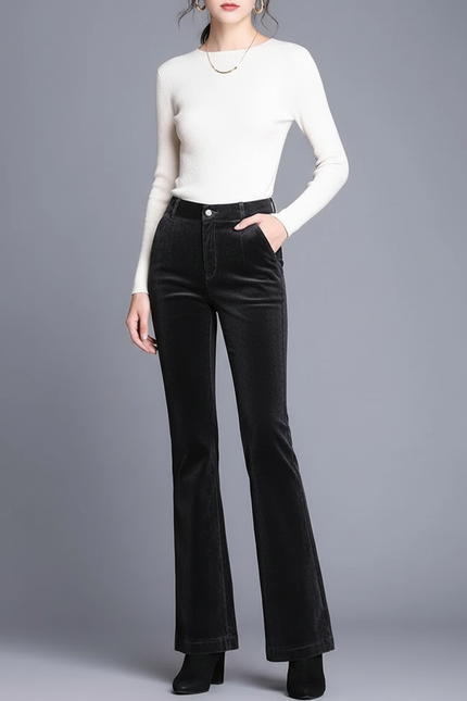Pantalon Chino Noir Côtelé Évasé Femme Élégant - Cordé