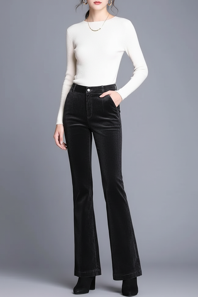 Pantalon Chino Noir Côtelé Évasé Femme Élégant - Cordé