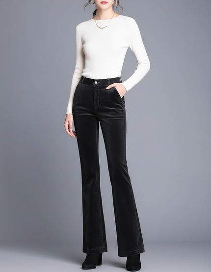 Pantalon Chino Noir Côtelé Évasé Femme Élégant - Cordé