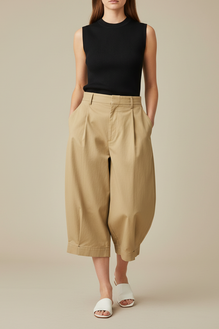Pantalon Chino Kaki Ample Coton Plissé Décontracté Femme