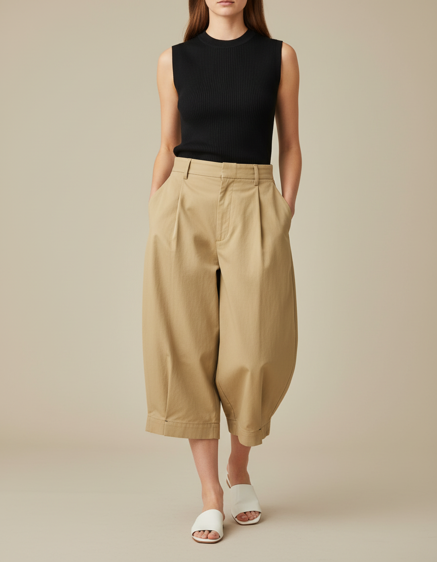 Pantalon Chino Kaki Ample Coton Plissé Décontracté Femme