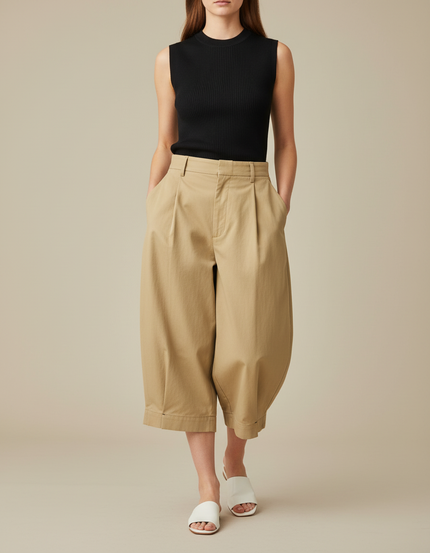 Pantalon Chino Kaki Ample Coton Plissé Décontracté Femme