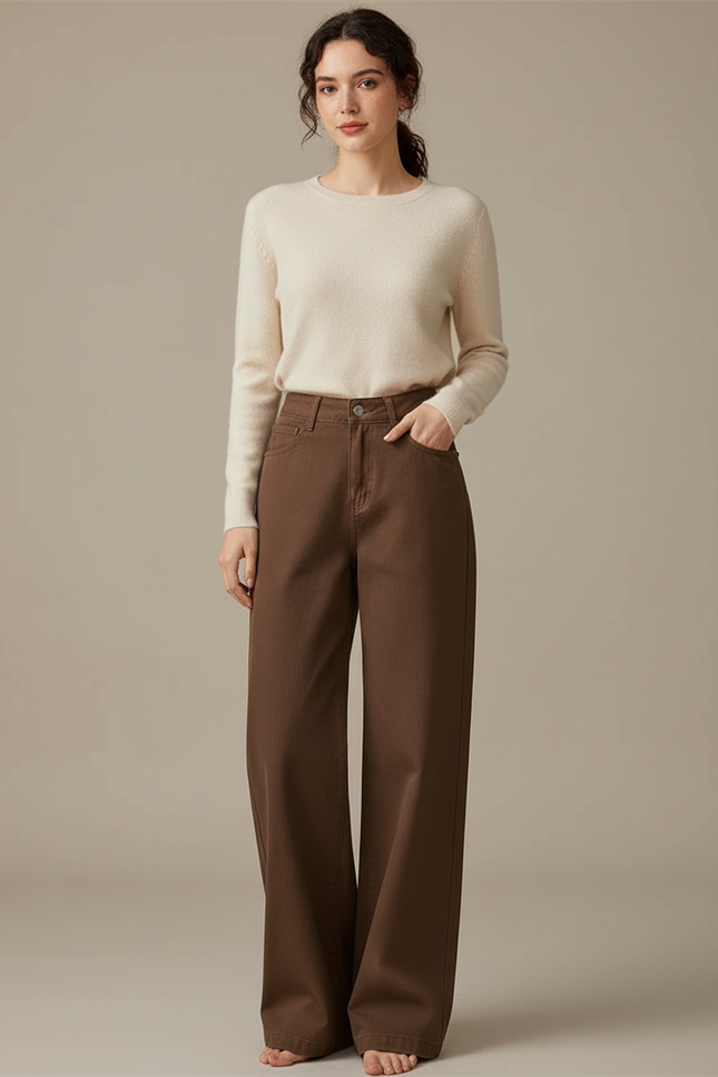Pantalon Chino Marron Ample Taille Haute Décontracté - Coton