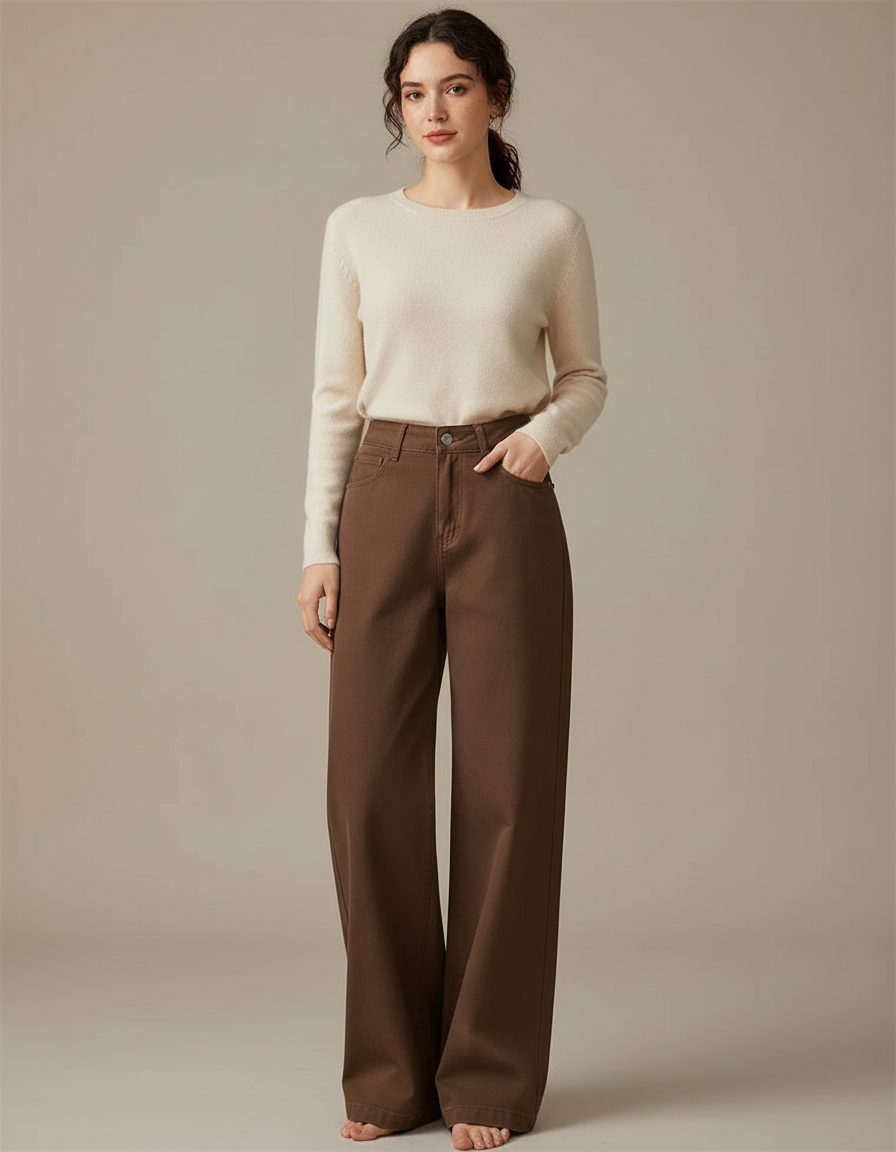 Pantalon Chino Marron Ample Taille Haute Décontracté - Coton