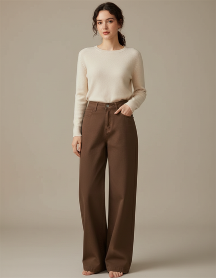 Pantalon Chino Marron Ample Taille Haute Décontracté - Coton