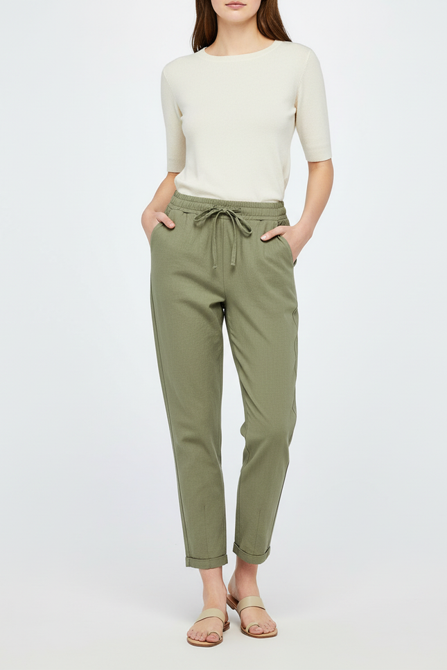 Pantalon Chino Kaki Coton Lin Fluide Cordon