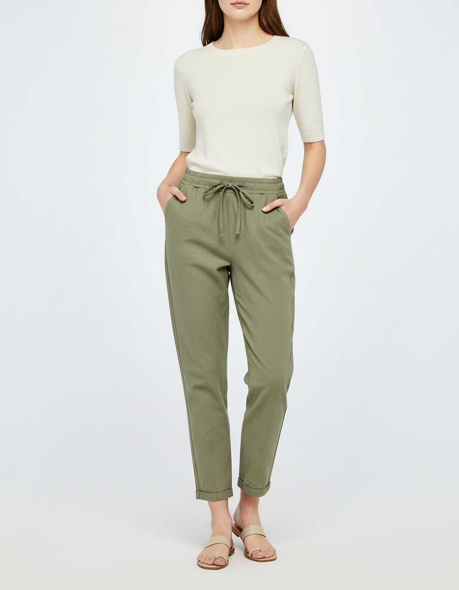 Pantalon Chino Kaki Coton Lin Fluide Cordon